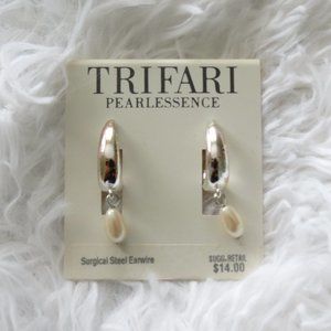 Trifari Wide Hoop Faux Pearl Drop Earrings